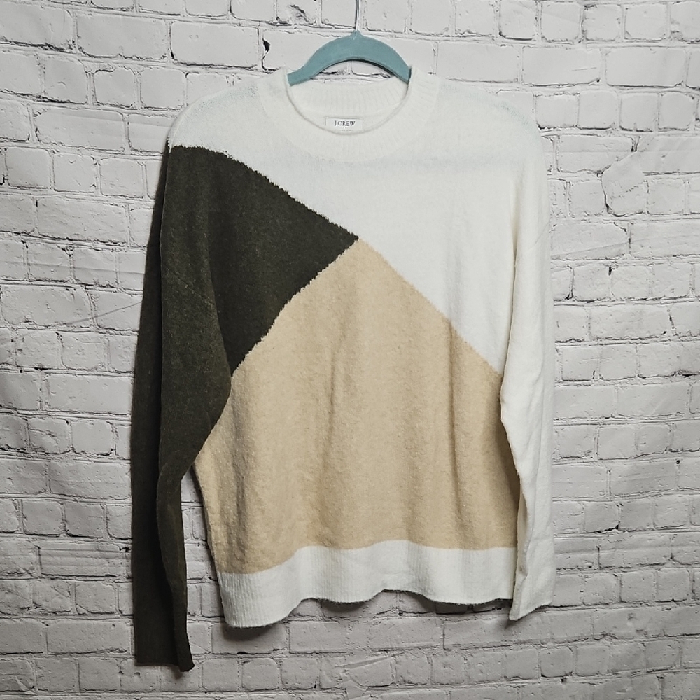 J Crew Colorblock Crew Neck Sweater Small White Green Tan